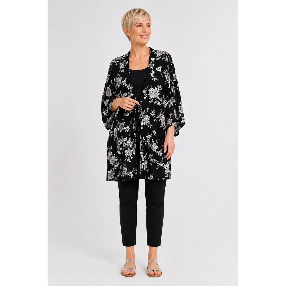 Spiritual Gangster Floral Kimono Duster One Size Black Gray Tie Front Boho Rayon